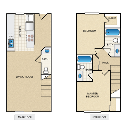 Floor plan for 2 beds, 2.5 baths, 960 sqft